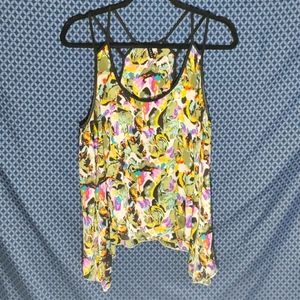 Sioni - Black trim sheer racer tank top with colorful abstract flowers. Size- L